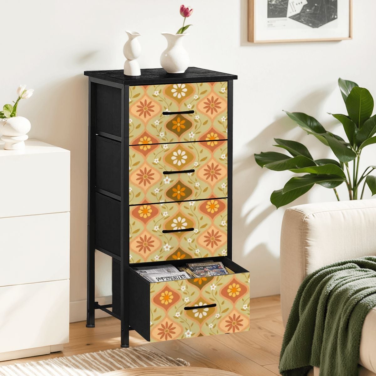 Kate McEnroe New York Retro 70s Groovy Boho Ogee Daisy Floral 4 Drawer DresserDressersBDJZGc83Cy