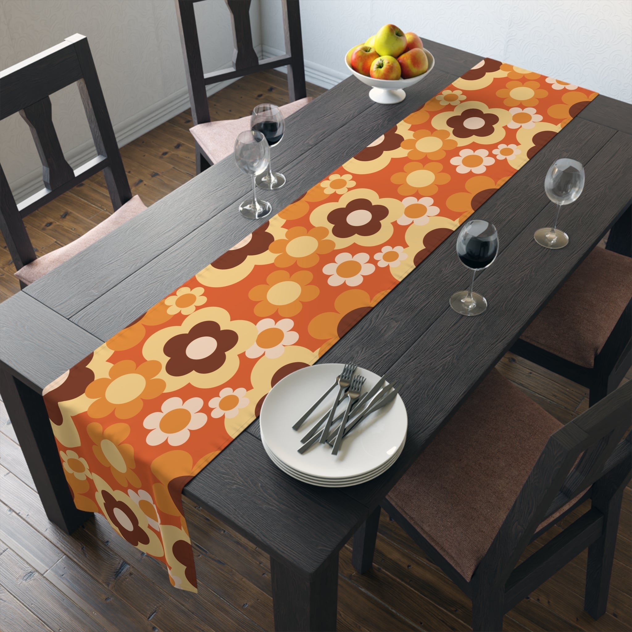Kate McEnroe New York Retro 70s Groovy Floral Table Runner, Mid Century Modern Fall Dining AccentTable Runners17696211266409169193