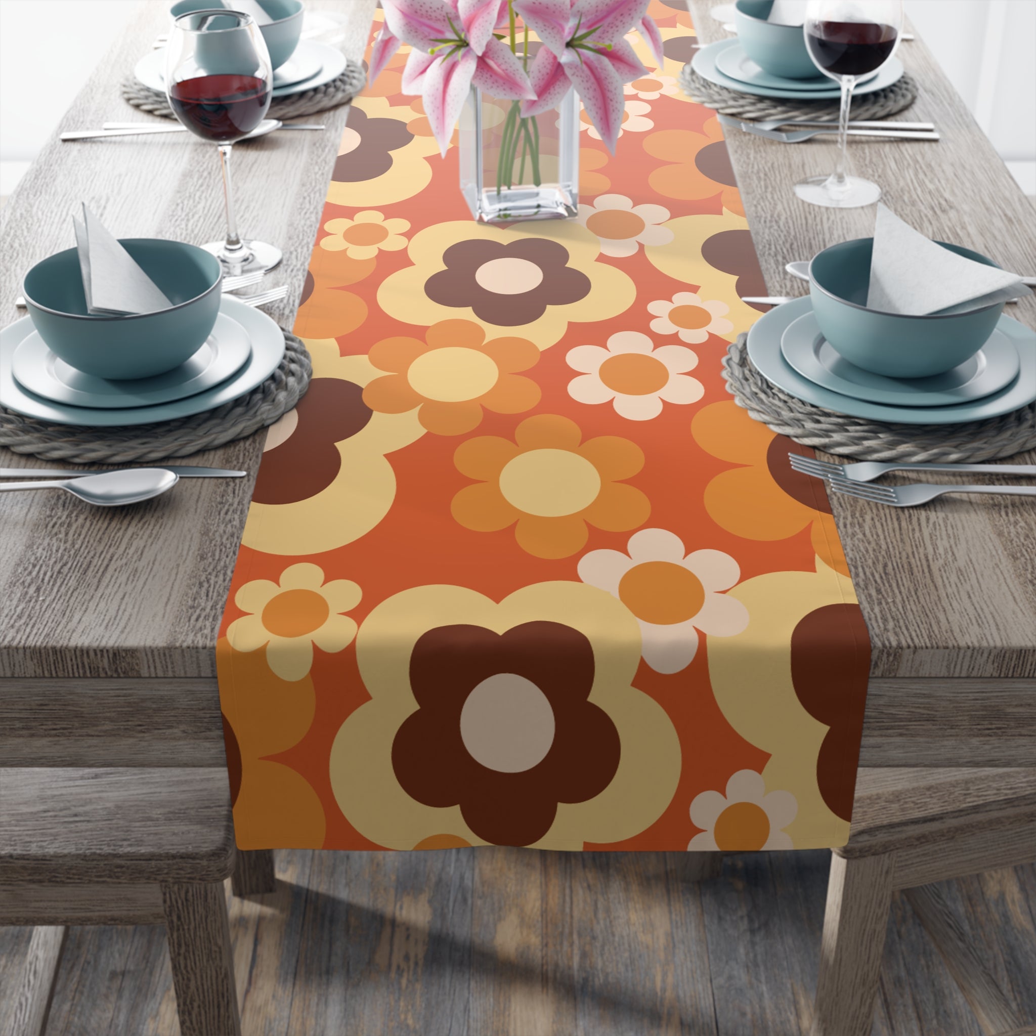 Kate McEnroe New York Retro 70s Groovy Floral Table Runner, Mid Century Modern Fall Dining AccentTable Runners17696211266409169193