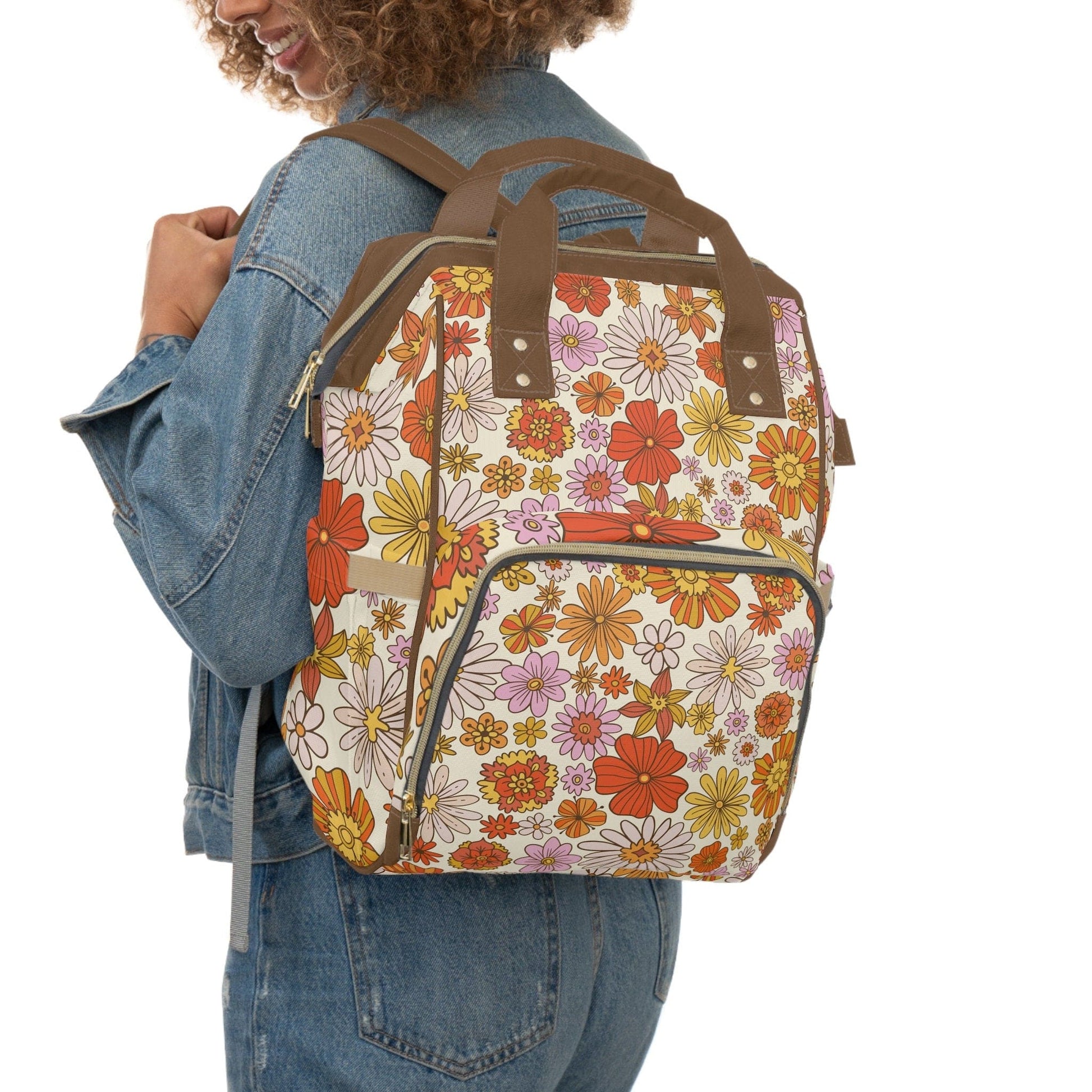 Kate McEnroe New York Retro 70s Groovy Hippie Flower Power Multifunctional Diaper Backpack, MCM Weekender Bag, Carry-on Luggage, Multipurpose Backpack Diaper Bags 30493279754033541251