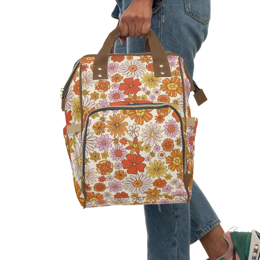 Kate McEnroe New York Retro 70s Groovy Hippie Flower Power Multifunctional Diaper Backpack, MCM Weekender Bag, Carry - on Luggage, Multipurpose BackpackDiaper Bags30493279754033541251