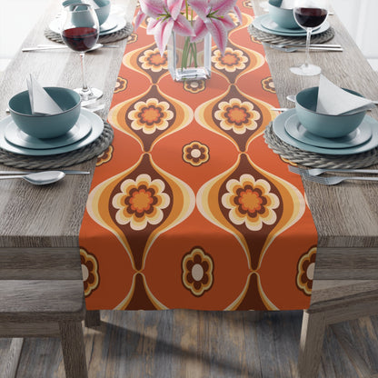 Kate McEnroe New York Retro 70s Mod Floral Table Runner, Mid Century Modern Orange Brown Dining AccentTable Runners11547702429488675937