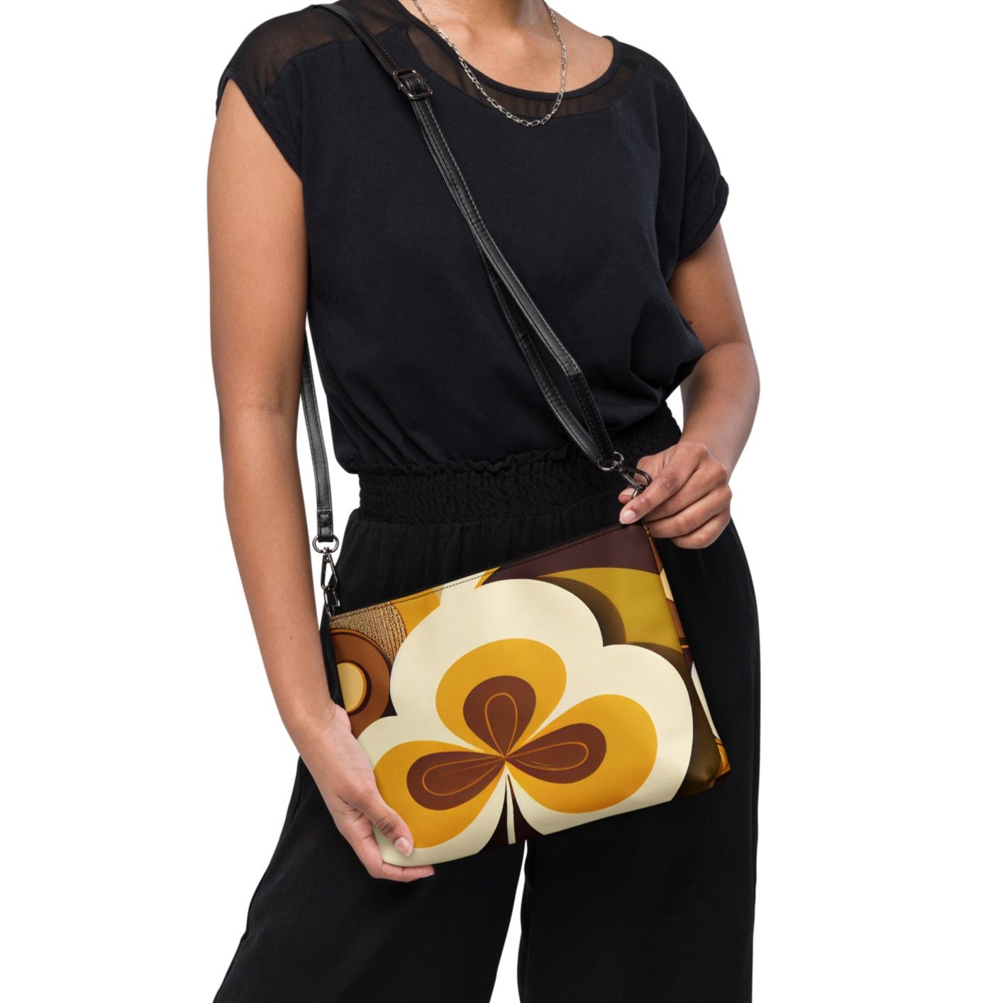 Kate McEnroe New York Retro 70s Mod Flower Power Crossbody Bag, Bold Orange &amp; Brown Geometric Shoulder Bag, Mid Century Modern Fashion AccessoryHandbags9012215_16708