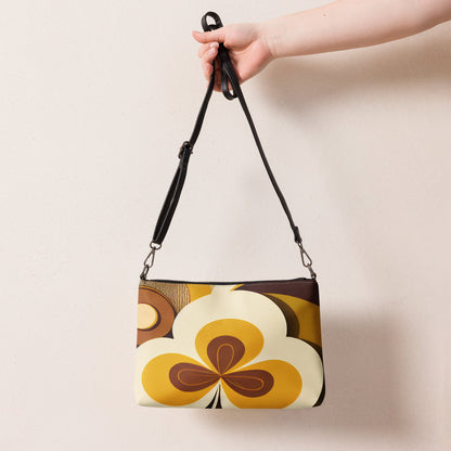 Kate McEnroe New York Retro 70s Mod Flower Power Crossbody Bag, Bold Orange &amp; Brown Geometric Shoulder Bag, Mid Century Modern Fashion AccessoryHandbags9012215_16708