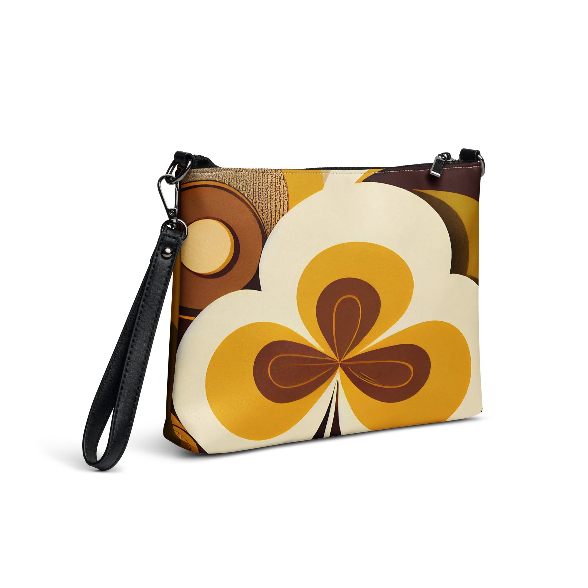 Kate McEnroe New York Retro 70s Mod Flower Power Crossbody Bag, Bold Orange &amp; Brown Geometric Shoulder Bag, Mid Century Modern Fashion AccessoryHandbags9012215_16708