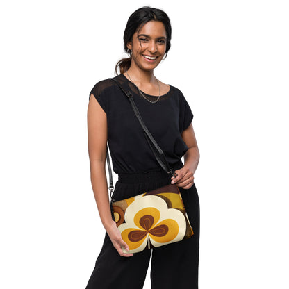 Kate McEnroe New York Retro 70s Mod Flower Power Crossbody Bag, Bold Orange &amp; Brown Geometric Shoulder Bag, Mid Century Modern Fashion AccessoryHandbags9012215_16708