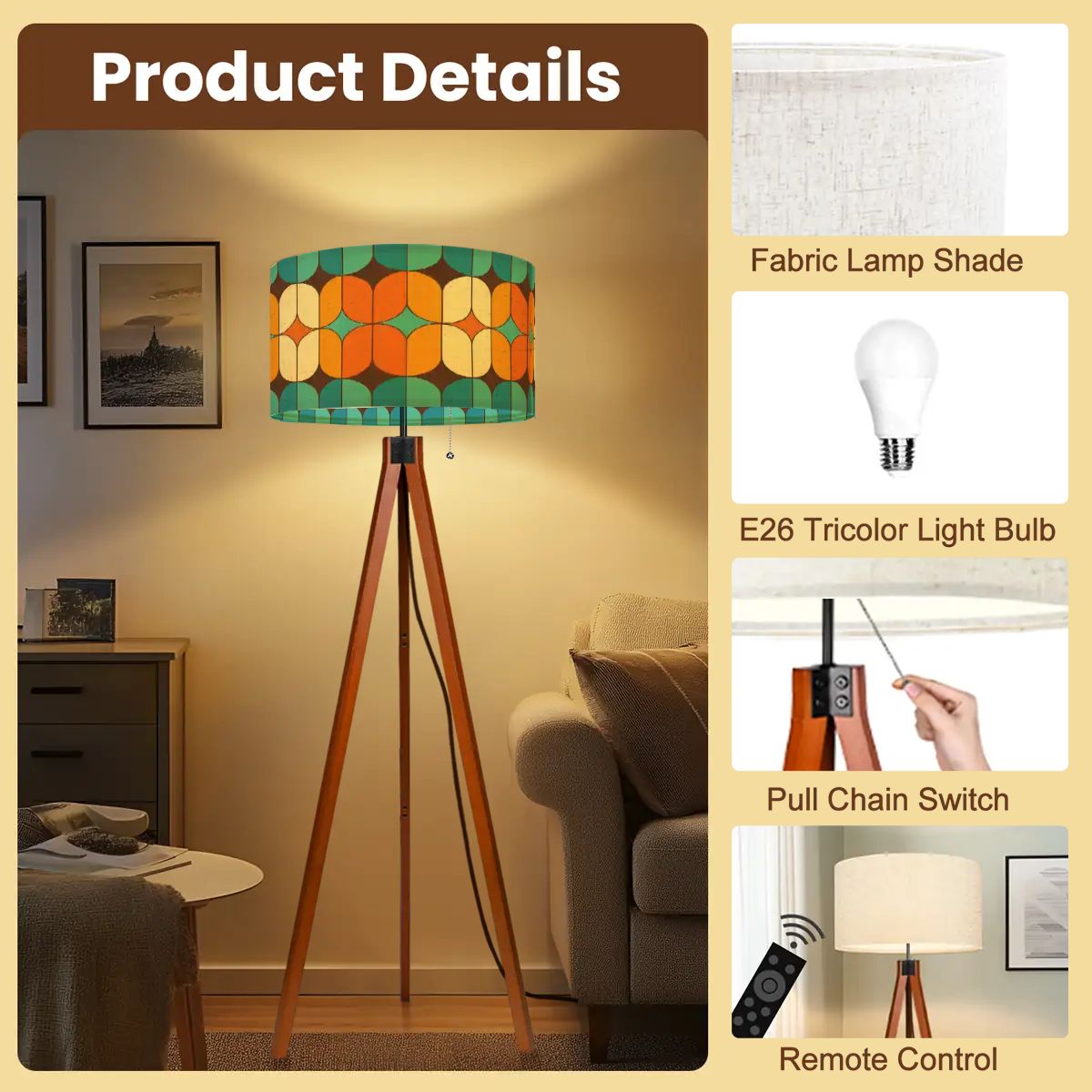 Kate McEnroe New York Retro 70s Mod Geometric Tripod Floor Lamp, Mid Century Modern Orange Teal LightingTripod Floor Lampsx9NljsIKqk