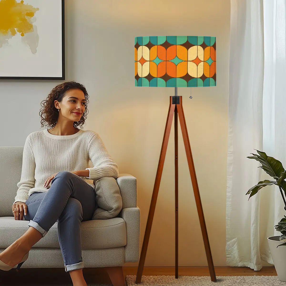 Kate McEnroe New York Retro 70s Mod Geometric Tripod Floor Lamp, Mid Century Modern Orange Teal LightingTripod Floor Lampsx9NljsIKqk