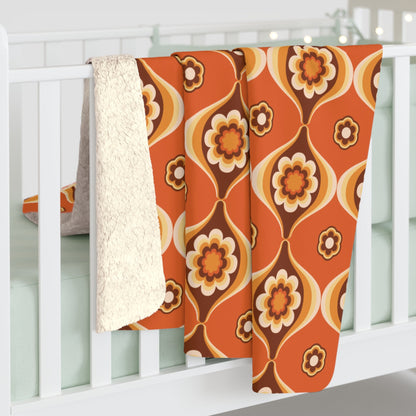 Kate McEnroe New York Retro 70s Orange Floral Sherpa Throw, Groovy Mid Century Modern BlanketBlankets13311808563595151137