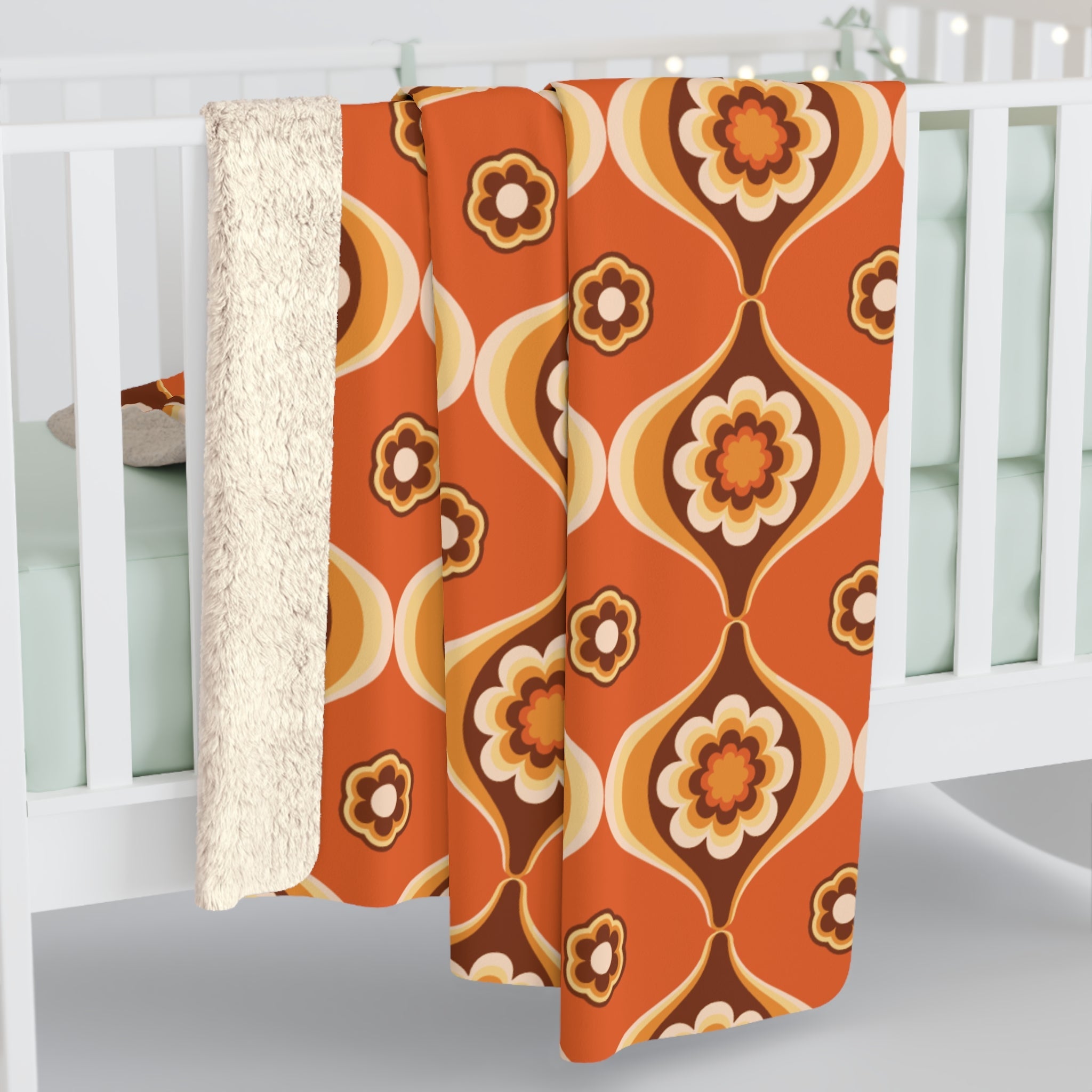 Kate McEnroe New York Retro 70s Orange Floral Sherpa Throw, Groovy Mid Century Modern BlanketBlankets13311808563595151137