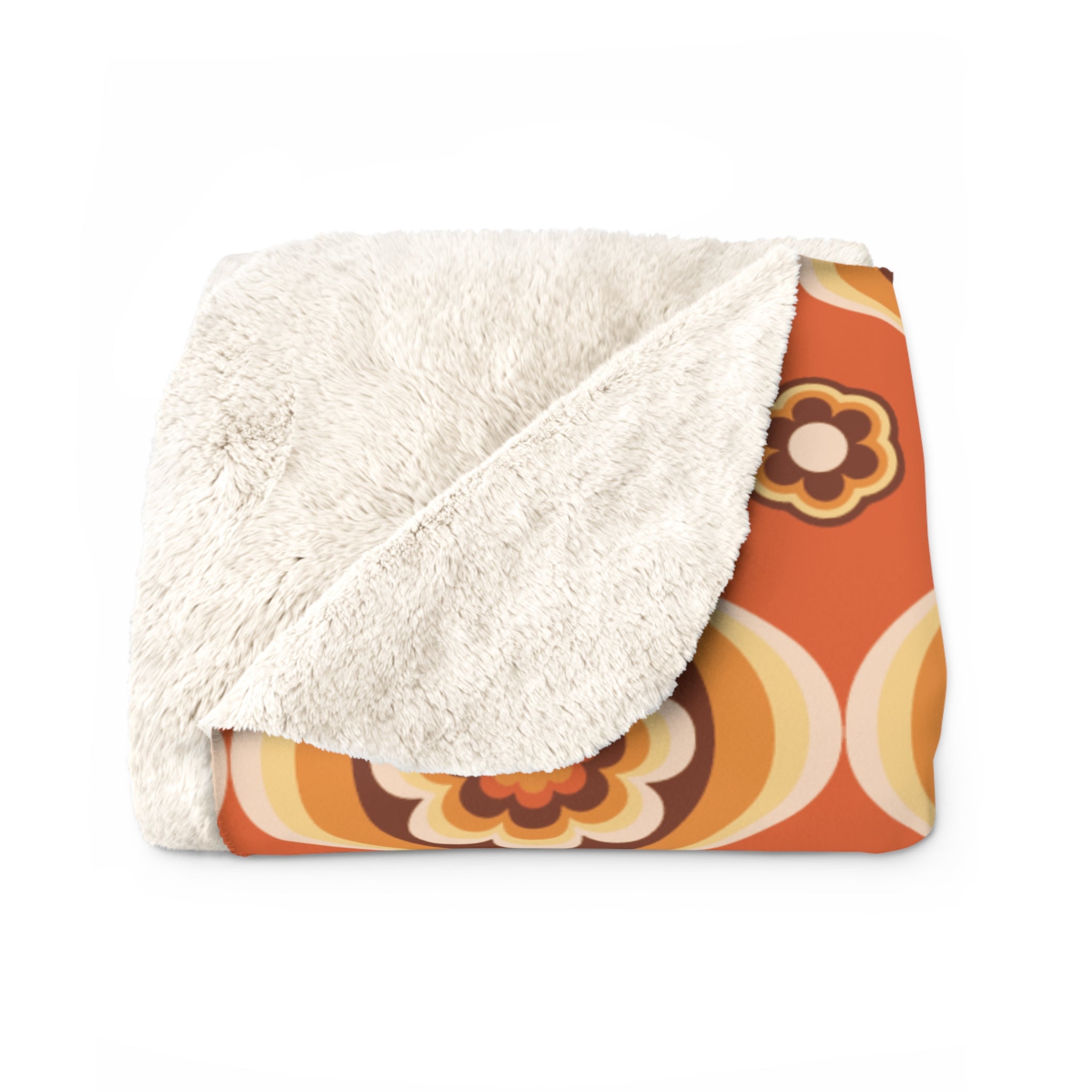 Kate McEnroe New York Retro 70s Orange Floral Sherpa Throw, Groovy Mid Century Modern BlanketBlankets13311808563595151137