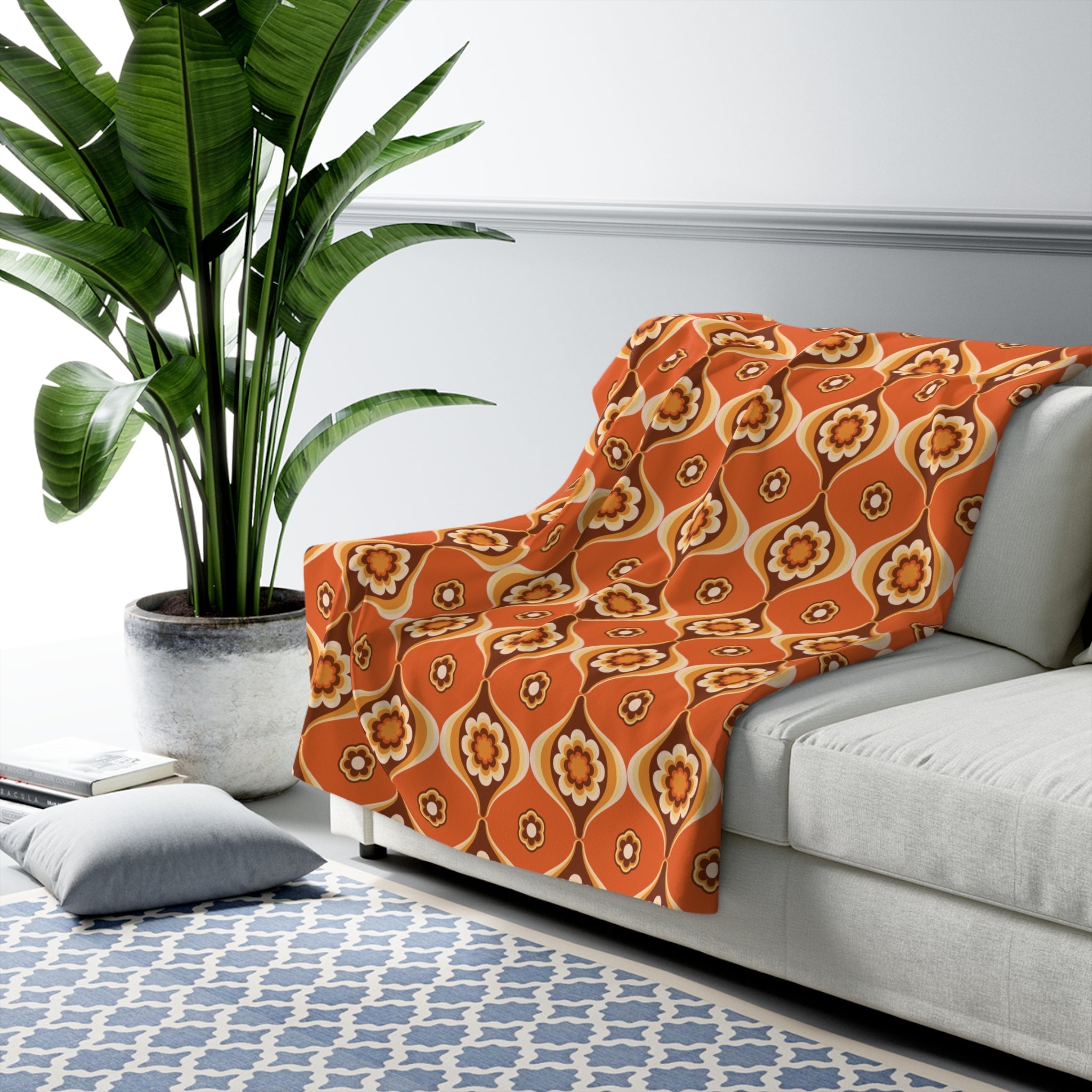 Kate McEnroe New York Retro 70s Orange Floral Sherpa Throw, Groovy Mid Century Modern BlanketBlankets18621930033433720957