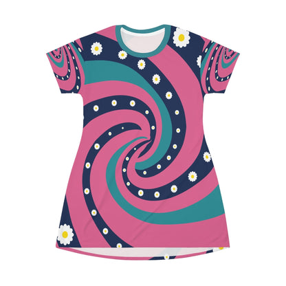 Kate McEnroe New York Retro 70s Psychedelic Groovy Swirl Flower Power Tshirt Dress in Mid Century Modern Teal Blue, Pink, Navy, MCM Summer Party Dress, Beach Wear Dresses L 10322600403798641003
