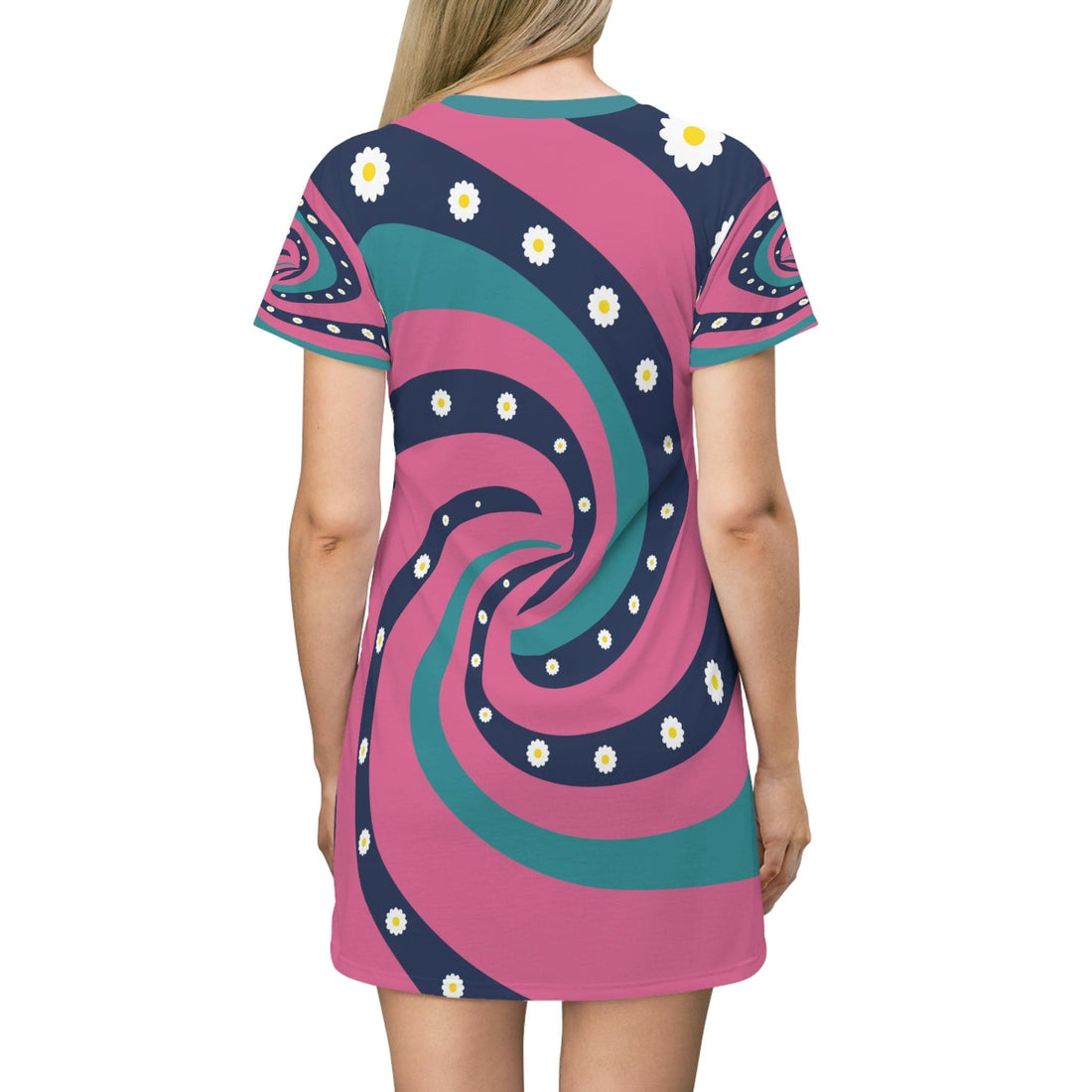 Kate McEnroe New York Retro 70s Psychedelic Groovy Swirl Flower Power Tshirt Dress in Mid Century Modern Teal Blue, Pink, Navy, MCM Summer Party Dress, Beach Wear Dresses S 21474881676877458734