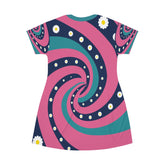 Kate McEnroe New York Retro 70s Psychedelic Groovy Swirl Flower Power Tshirt Dress in Mid Century Modern Teal Blue, Pink, Navy, MCM Summer Party Dress, Beach WearDresses24809219195907777729