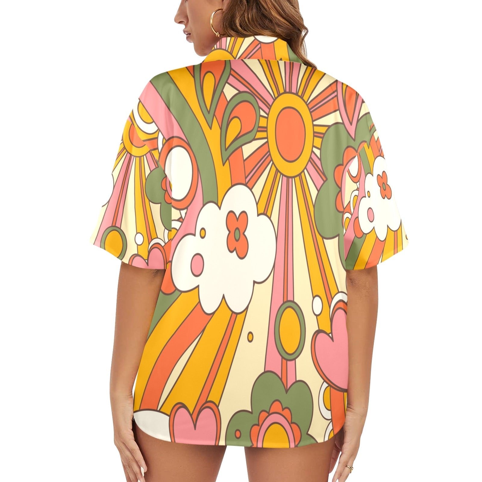 Kate McEnroe New York Retro 70s Psychedelic Hawaiian Shirt, Groovy Sunshine Floral Short Sleeve Button - UpWomen&