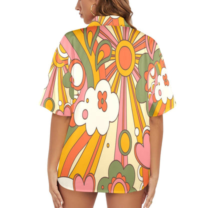Kate McEnroe New York Retro 70s Psychedelic Hawaiian Shirt, Groovy Sunshine Floral Short Sleeve Button - UpWomen&