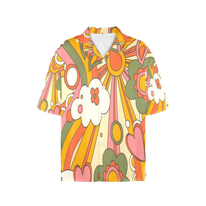 Kate McEnroe New York Retro 70s Psychedelic Hawaiian Shirt, Groovy Sunshine Floral Short Sleeve Button - UpWomen&