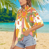 Kate McEnroe New York Retro 70s Psychedelic Hawaiian Shirt, Groovy Sunshine Floral Short Sleeve Button - UpWomen&