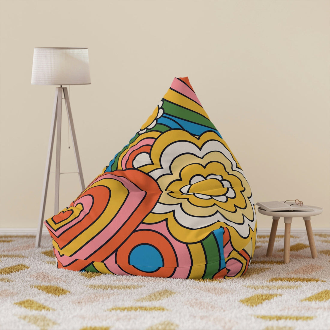 Kate McEnroe New York Retro 70s Psychedelic Hearts and Daisy Flowers Bean Bag Chair Cover Bean Bag Chair Covers 38&quot; × 42&quot; × 29&quot; / Without insert 13616140300572016510