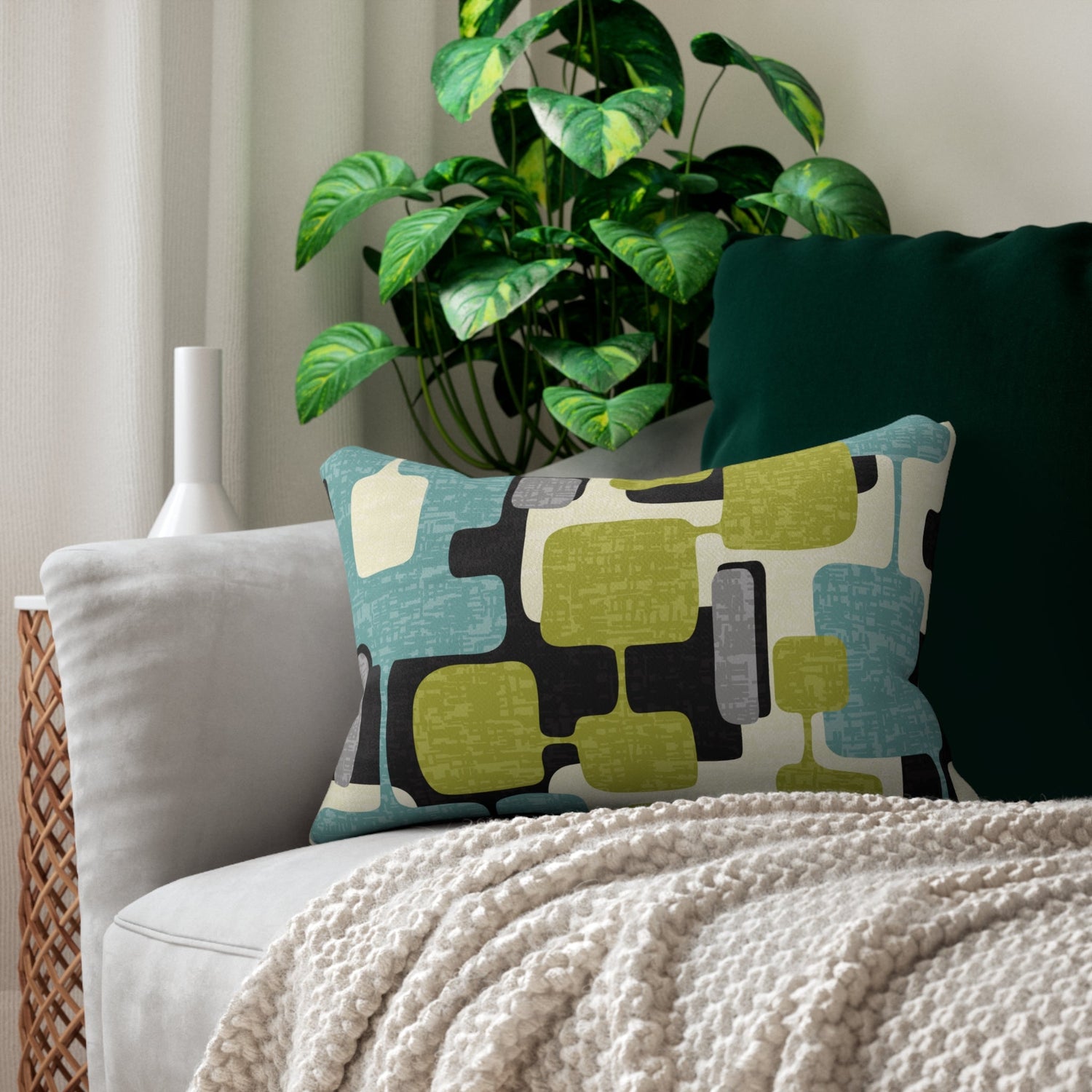 Kate McEnroe New York Retro Abstract Lumbar Pillow, Mid Century Teal. Lime, Modern MCM Home AccentLumbar Pillows26586264028544337582