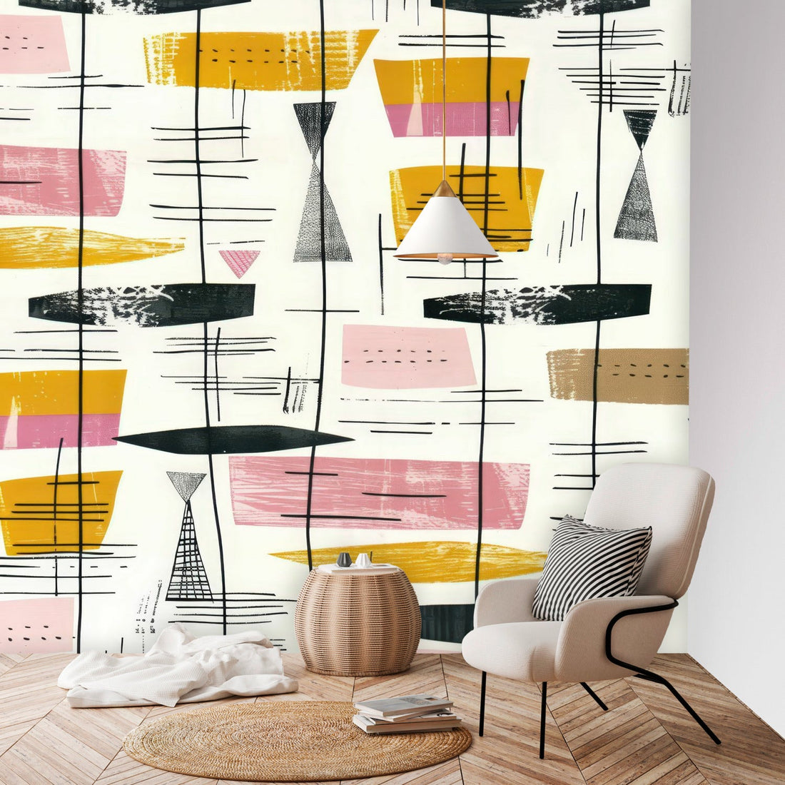 Kate McEnroe New York Retro Abstract Wall Mural, Mid Century Modern Peel And Stick Design, 1950s Style Home Decor, Geometric Mural Panels, Vintage Accent Wall ArtWall Mural118572