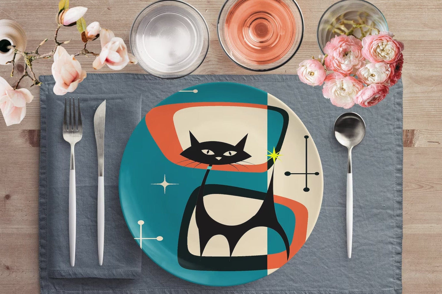 Kate McEnroe New York Retro Atomic Black Cat Dinner Plate Plates