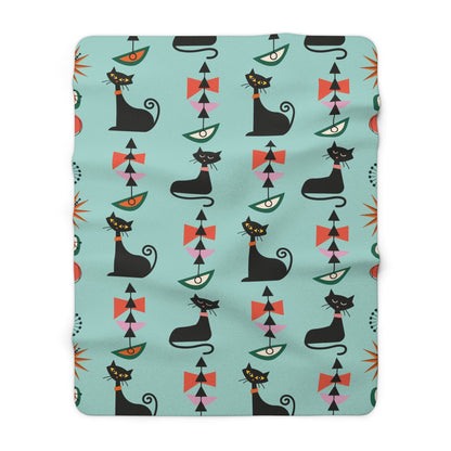 Kate McEnroe New York Retro Atomic Black Cat Geometric Aqua Blue Mid Century Modern Sherpa Fleece Throw BlanketBlankets17838993729084487400