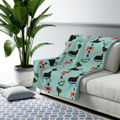 Kate McEnroe New York Retro Atomic Black Cat Geometric Aqua Blue Mid Century Modern Sherpa Fleece Throw BlanketBlankets17838993729084487400