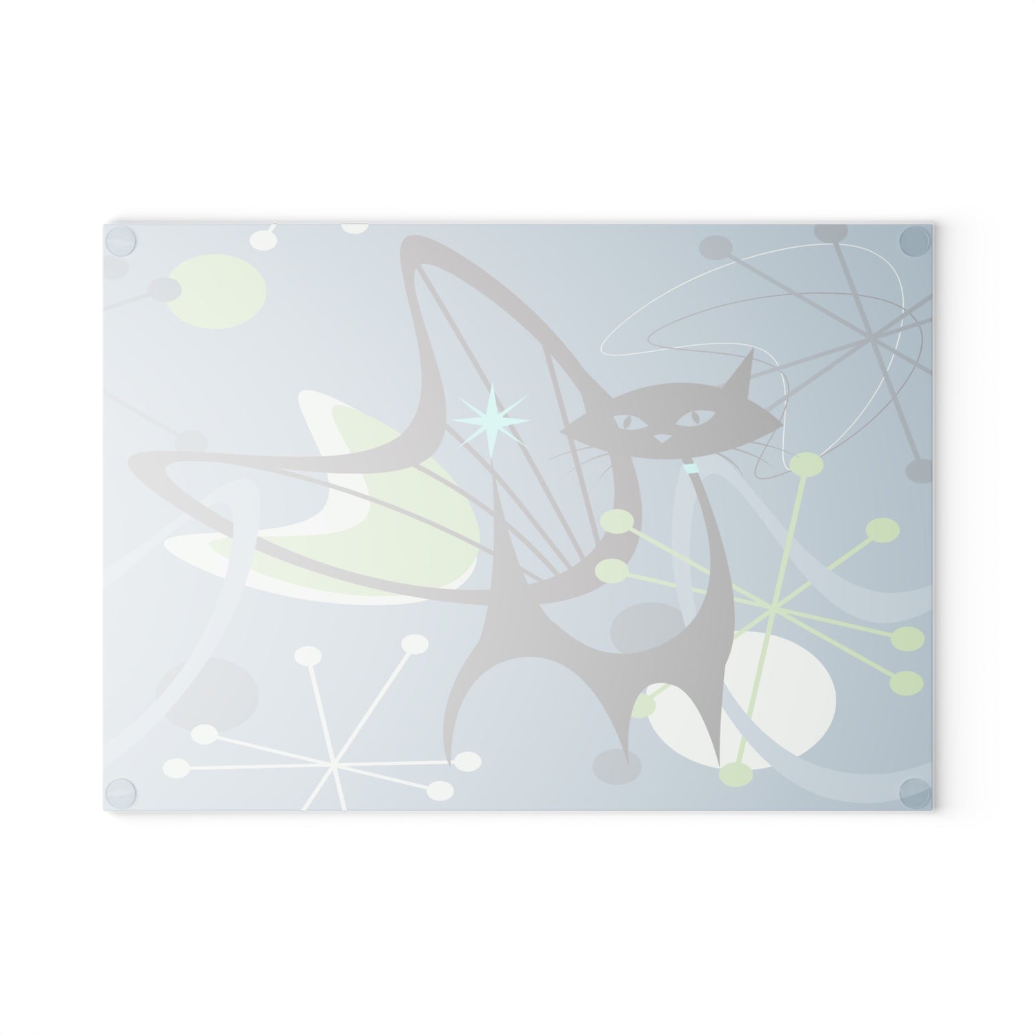 Kate McEnroe New York Retro Atomic Black Cat Glass Cutting Board, Mid Century Modern Kitschy Blue, Lime Green Purple Atomic Boomerang Starburst Chopping BoardCutting Boards20916330354921229444