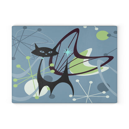 Kate McEnroe New York Retro Atomic Black Cat Glass Cutting Board, Mid Century Modern Kitschy Blue, Lime Green Purple Atomic Boomerang Starburst Chopping BoardCutting Boards20916330354921229444