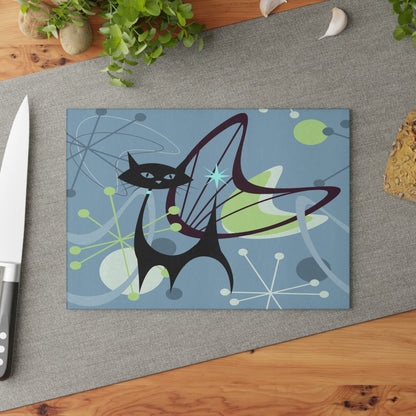 Kate McEnroe New York Retro Atomic Black Cat Glass Cutting Board, Mid Century Modern Kitschy Blue, Lime Green Purple Atomic Boomerang Starburst Chopping BoardCutting Boards20916330354921229444