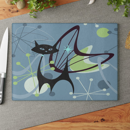 Kate McEnroe New York Retro Atomic Black Cat Glass Cutting Board, Mid Century Modern Kitschy Blue, Lime Green Purple Atomic Boomerang Starburst Chopping BoardCutting Boards27195085226472028427