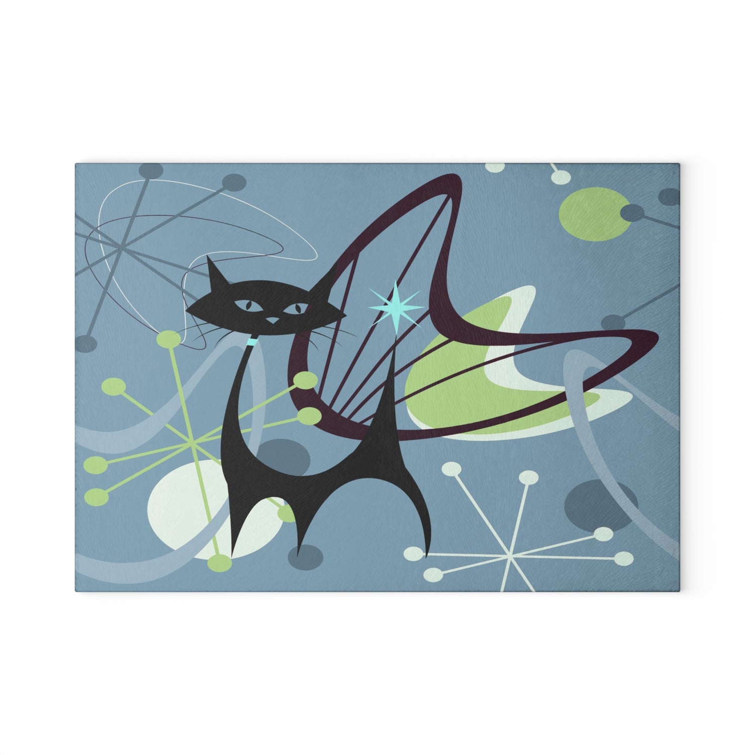 Kate McEnroe New York Retro Atomic Black Cat Glass Cutting Board, Mid Century Modern Kitschy Blue, Lime Green Purple Atomic Boomerang Starburst Chopping BoardCutting Boards20916330354921229444