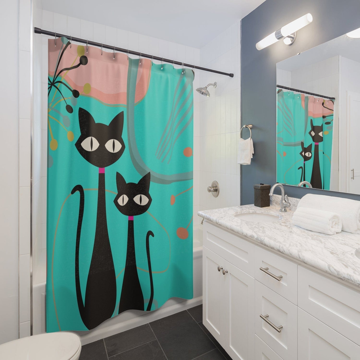 Printify Retro Atomic Black Cat Mid Century Modern Shower Curtain, MCM Turquoise, Pink Bath Curtains Home Decor 71&quot; × 74&quot; 33056969364569529243