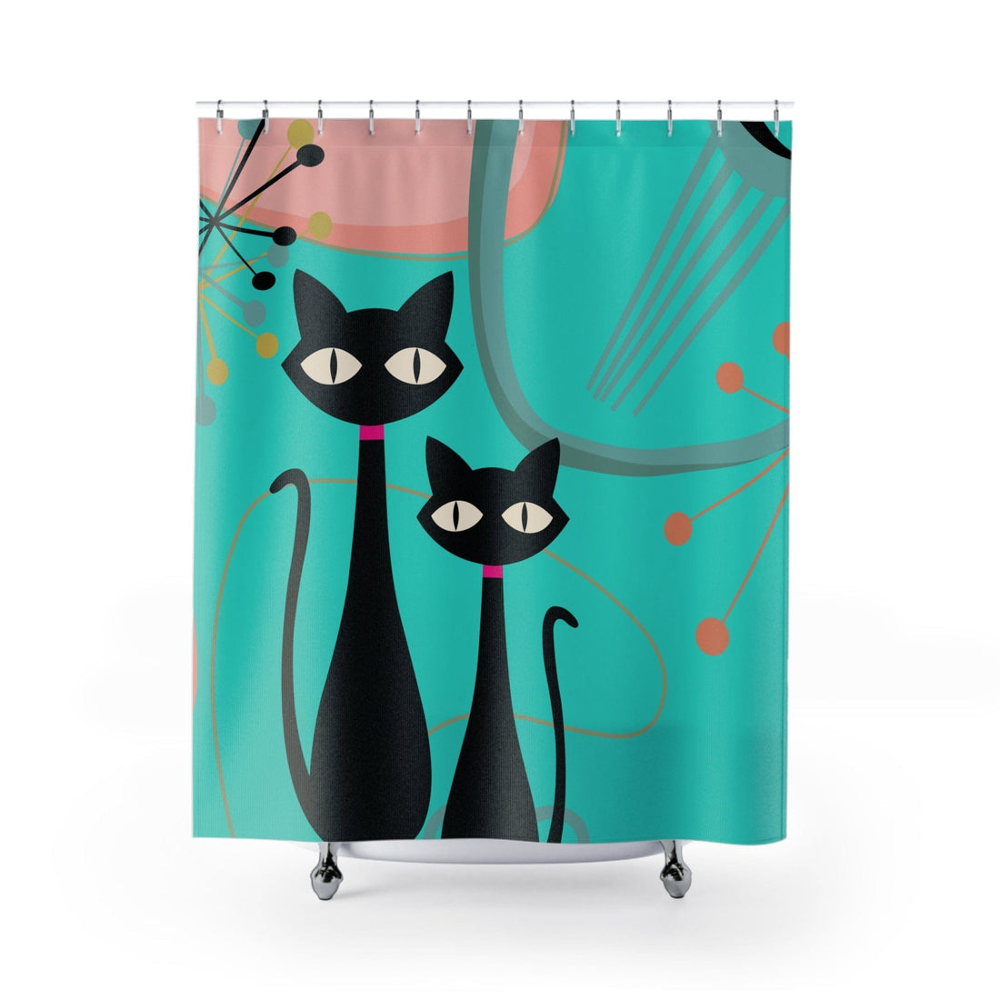 Kate McEnroe New York Retro Atomic Black Cat Mid Century Modern Shower Curtain, MCM Turquoise, Pink Bath CurtainsShower Curtains33056969364569529243