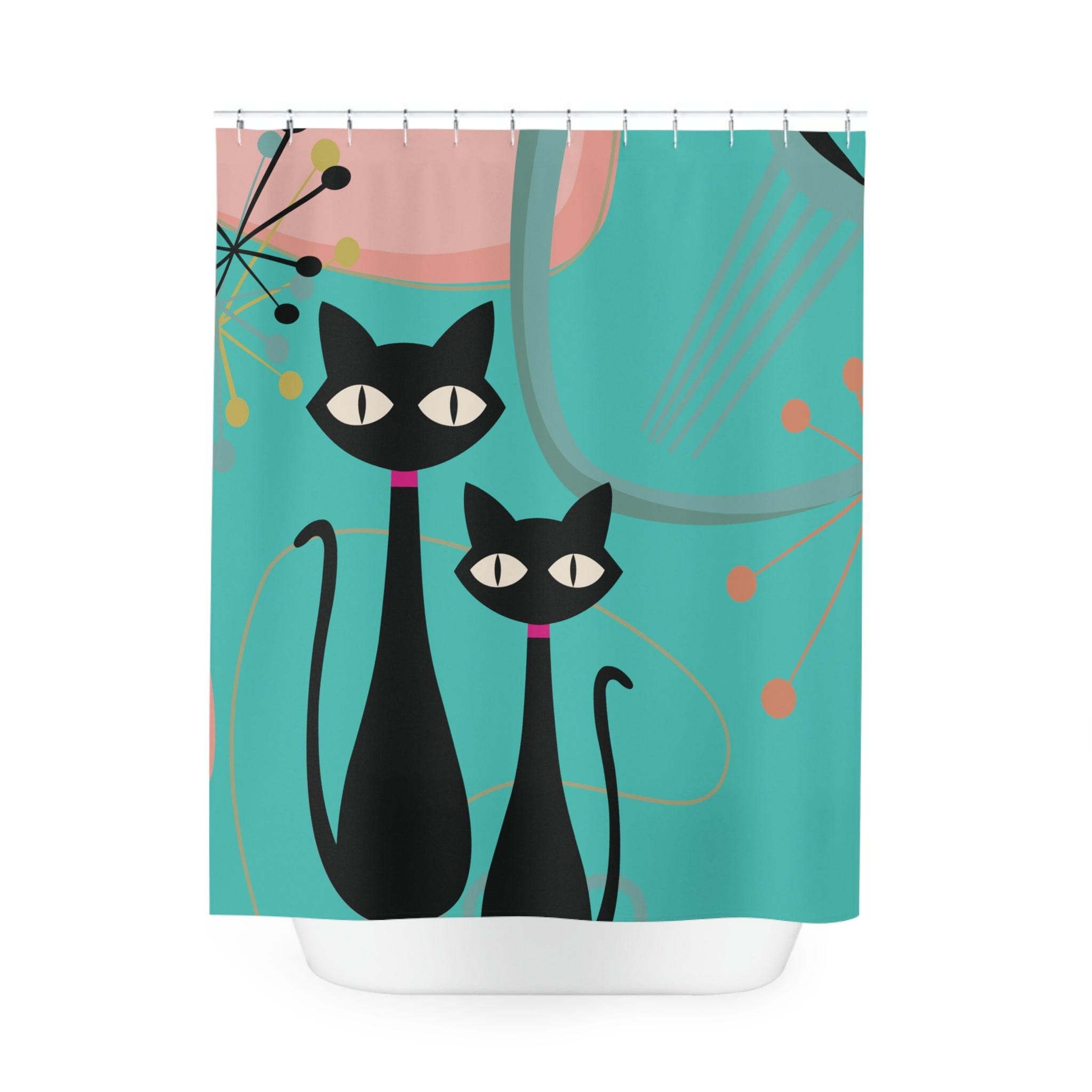 Kate McEnroe New York Retro Atomic Black Cat Mid Century Modern Shower Curtain, MCM Turquoise, Pink Bath CurtainsShower Curtains33056969364569529243
