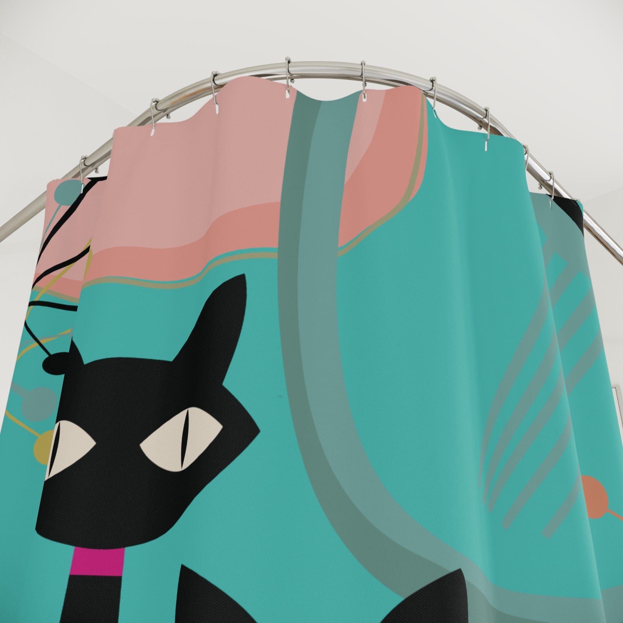 Kate McEnroe New York Retro Atomic Black Cat Mid Century Modern Shower Curtain, MCM Turquoise, Pink Bath CurtainsShower Curtains33056969364569529243