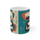 Kate McEnroe New York Retro Atomic Black Cat Mug, 11oz Teal Blue, Cream, Burnt Orange Mid Century Modern Coffee Mugs, MCM DrinkwareMugs12205455002574058109