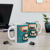 Kate McEnroe New York Retro Atomic Black Cat Mug, 11oz Teal Blue, Cream, Burnt Orange Mid Century Modern Coffee Mugs, MCM DrinkwareMugs12205455002574058109