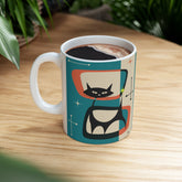 Kate McEnroe New York Retro Atomic Black Cat Mug, 11oz Teal Blue, Cream, Burnt Orange Mid Century Modern Coffee Mugs, MCM DrinkwareMugs12205455002574058109