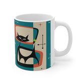 Kate McEnroe New York Retro Atomic Black Cat Mug, 11oz Teal Blue, Cream, Burnt Orange Mid Century Modern Coffee Mugs, MCM DrinkwareMugs12205455002574058109