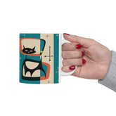 Kate McEnroe New York Retro Atomic Black Cat Mug, 11oz Teal Blue, Cream, Burnt Orange Mid Century Modern Coffee Mugs, MCM DrinkwareMugs12205455002574058109