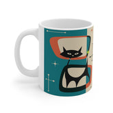 Kate McEnroe New York Retro Atomic Black Cat Mug, 11oz Teal Blue, Cream, Burnt Orange Mid Century Modern Coffee Mugs, MCM DrinkwareMugs12205455002574058109