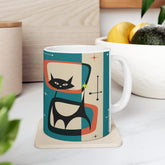 Kate McEnroe New York Retro Atomic Black Cat Mug, 11oz Teal Blue, Cream, Burnt Orange Mid Century Modern Coffee Mugs, MCM DrinkwareMugs12205455002574058109