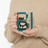 Kate McEnroe New York Retro Atomic Black Cat Mug, 11oz Teal Blue, Cream, Burnt Orange Mid Century Modern Coffee Mugs, MCM DrinkwareMugs12205455002574058109