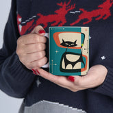 Kate McEnroe New York Retro Atomic Black Cat Mug, 11oz Teal Blue, Cream, Burnt Orange Mid Century Modern Coffee Mugs, MCM DrinkwareMugs12205455002574058109