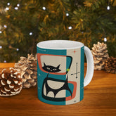 Kate McEnroe New York Retro Atomic Black Cat Mug, 11oz Teal Blue, Cream, Burnt Orange Mid Century Modern Coffee Mugs, MCM DrinkwareMugs12205455002574058109