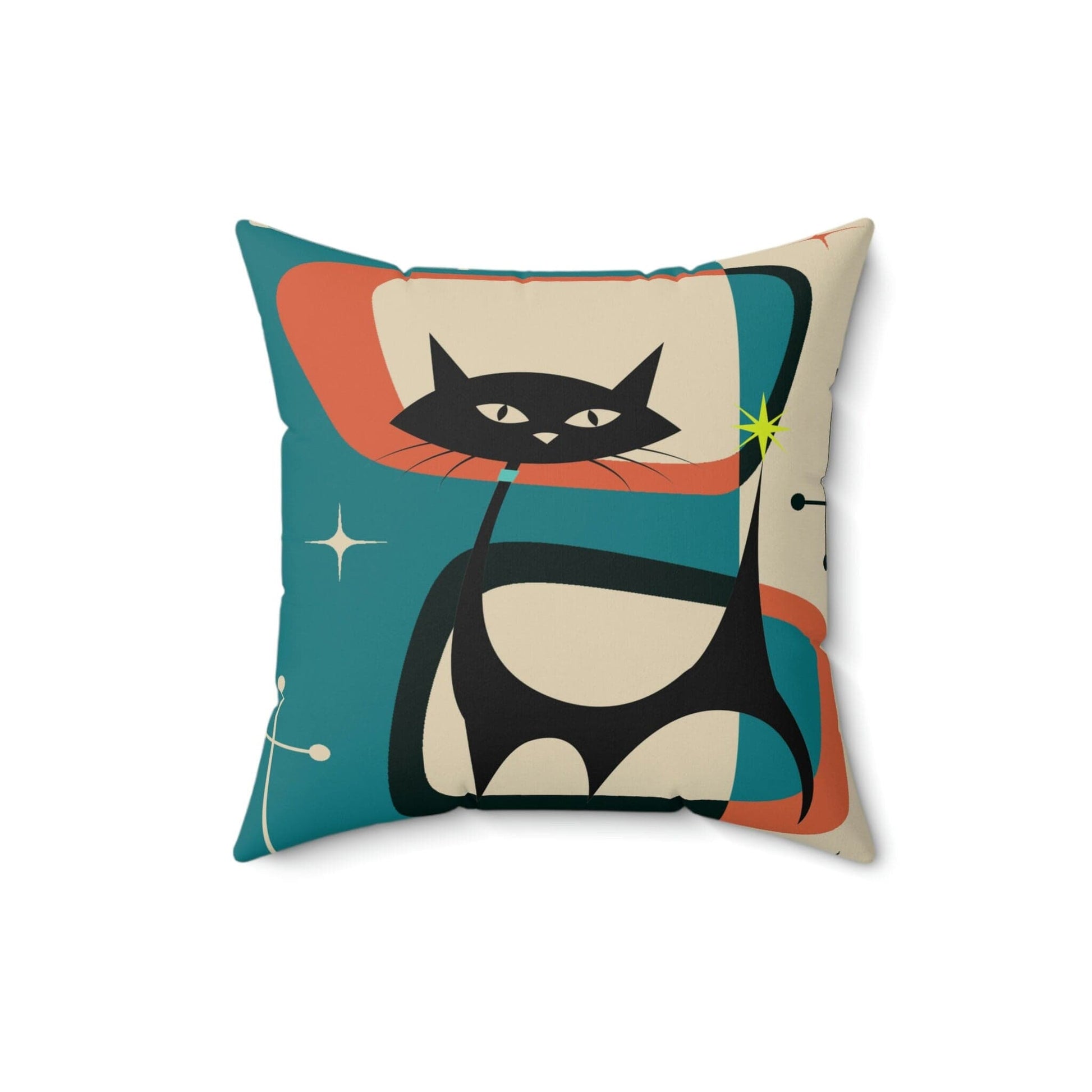 Kate McEnroe New York Retro Atomic Black Cat Throw Pillow Cover, Teal Blue, Cream, Burnt Orange Mid Century Modern Accent Cushion Cover, MCM Square Pillow Case Throw Pillow Covers