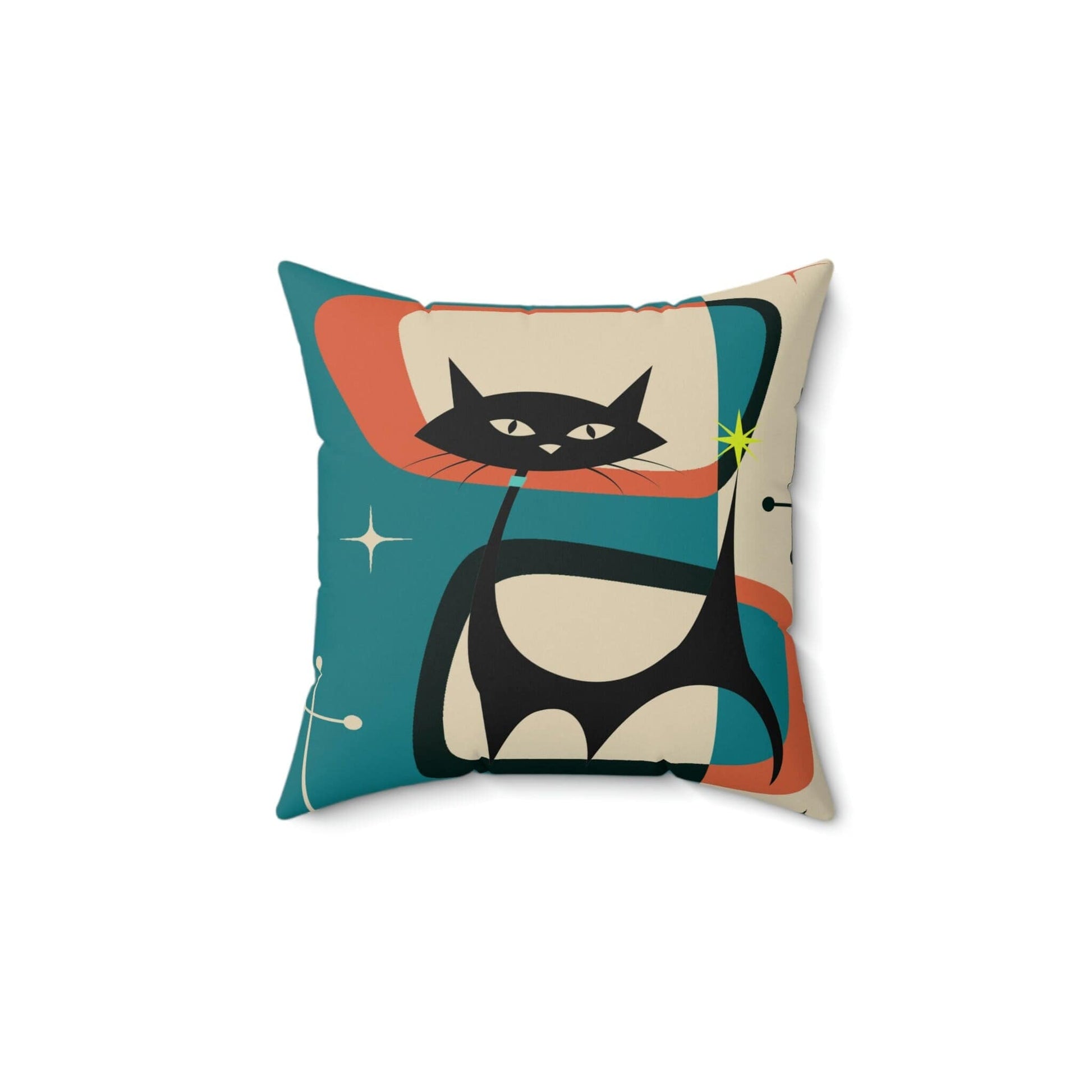 Kate McEnroe New York Retro Atomic Black Cat Throw Pillow Cover, Teal Blue, Cream, Burnt Orange Mid Century Modern Accent Cushion Cover, MCM Square Pillow Case Throw Pillow Covers